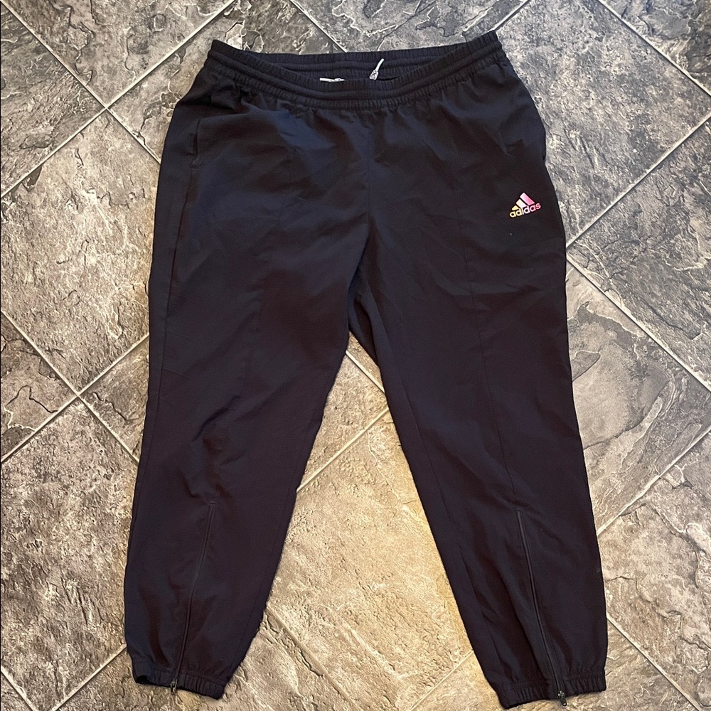 ADIDAS Ladies Black Jogger Track Pants Rainbow Logo Zip Ankles Streetwear Large